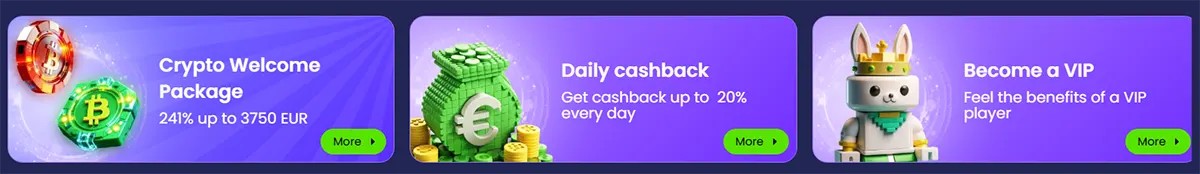 Three casino promo tiles advertise a Crypto Welcome Package (241% up to €3,750), daily cashback up to 20%, and a “Become a VIP” offer with a cartoon crowned character.