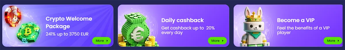 Three casino promo tiles advertise a Crypto Welcome Package (241% up to €3,750), daily cashback up to 20%, and a “Become a VIP” offer with a cartoon crowned character.
