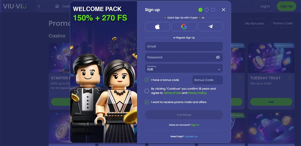 Sign-up popup showing a “Welcome Pack 150% + 270 Free Spins” offer with two LEGO-style characters and email/password fields plus social sign-in buttons.