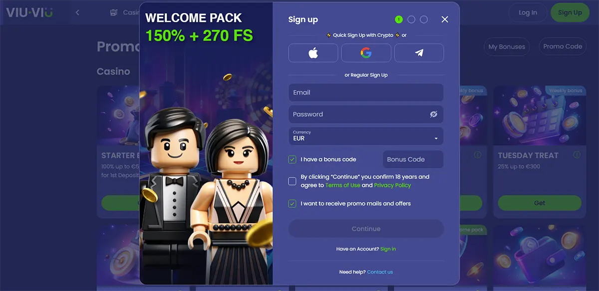 Sign-up popup showing a “Welcome Pack 150% + 270 Free Spins” offer with two LEGO-style characters and email/password fields plus social sign-in buttons.